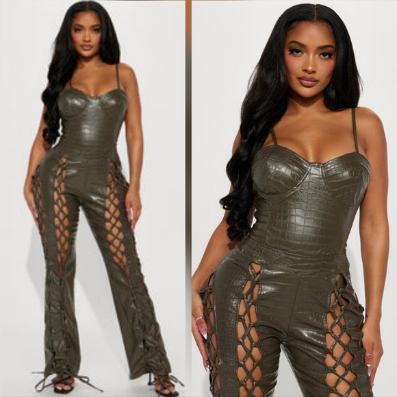 Women's Super Sexy Olive Faux Leather Lace-Up Jumpsuit By Fashion Nova. Size S